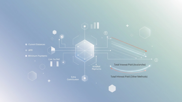 An abstract composition of layered geometric shapes with soft gradients and subtle connecting lines visually represents the prioritized data flow and strategic optimization of a debt avalanche calculator.