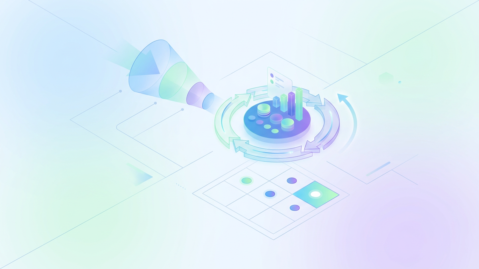 Abstract geometric shapes and soft blue-green gradients map out a structured data funnel and grid, highlighting a single distinct node to represent a precise market entry strategy in healthcare.