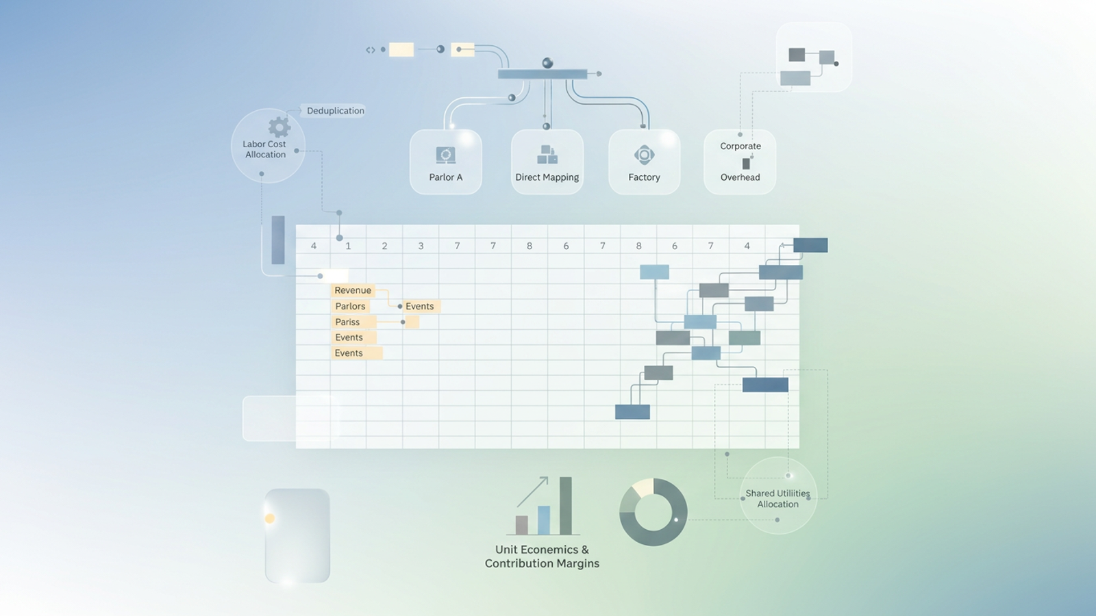 An abstract arrangement of translucent geometric layers and subtle data lines, representing the complex financial flows and precise cost allocation central to ice cream economics.