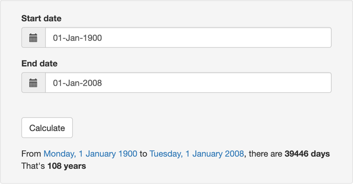 A website says that there are 39446 days between 01-Jan-1900 and 01-Jan-2008.