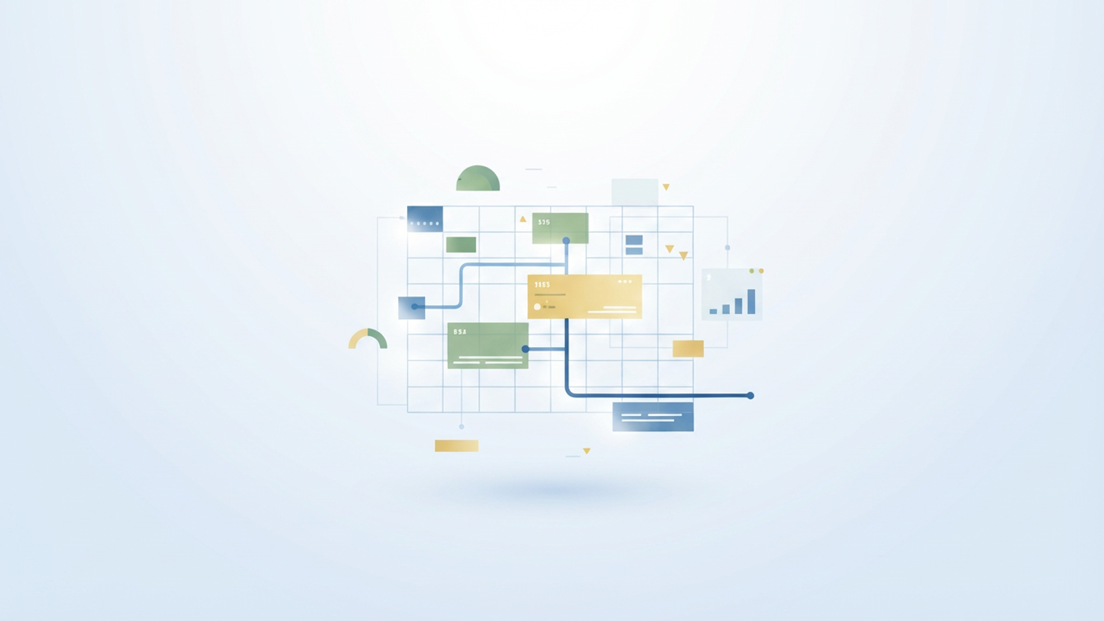 An abstract, modern composition uses soft gradient geometric shapes and connecting lines to suggest a dynamic, auto-adjusting grid layout, embodying a personal productivity spreadsheet that intelligently organizes dates and day headers across time.