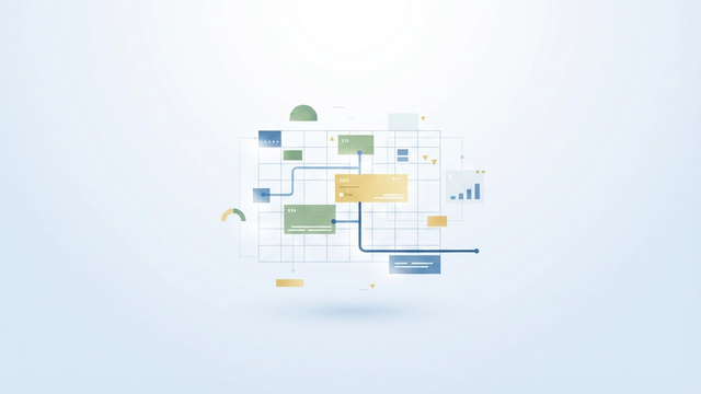 An abstract, modern composition uses soft gradient geometric shapes and connecting lines to suggest a dynamic, auto-adjusting grid layout, embodying a personal productivity spreadsheet that intelligently organizes dates and day headers across time.