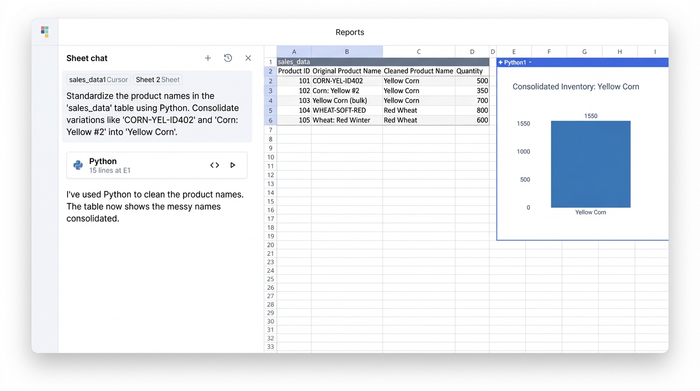 An interface showing an AI chat, a data table with messy and clean columns of seed names, and a bar chart visualizing the corrected inventory count.