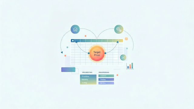 A minimalist abstract composition features soft gradient geometric shapes arranged in a structured grid pattern, subtly conveying the generation and analysis of a complex house price dataset.