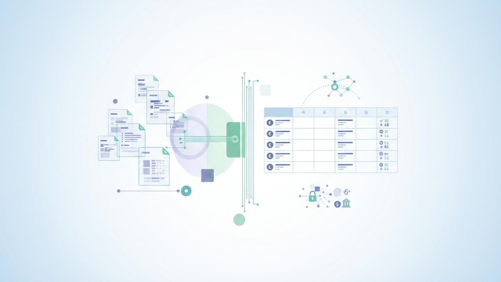 An abstract digital illustration features soft blue and green gradients with geometric shapes suggesting layered forms consolidating into a structured data grid, representing streamlined invoice data extraction for a procurement process assessment.