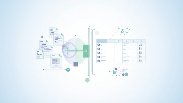 An abstract digital illustration features soft blue and green gradients with geometric shapes suggesting layered forms consolidating into a structured data grid, representing streamlined invoice data extraction for a procurement process assessment.