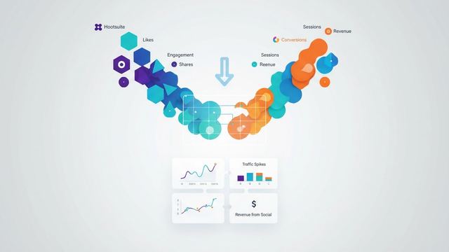 Abstract geometric shapes, subtly indicating distinct data streams from Hootsuite and Google Analytics, converge and blend through soft gradient connections against a clean background, illustrating cross-channel data integration.