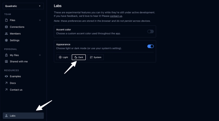 Image of Quadratic dashboard Labs section with dark mode enabled.