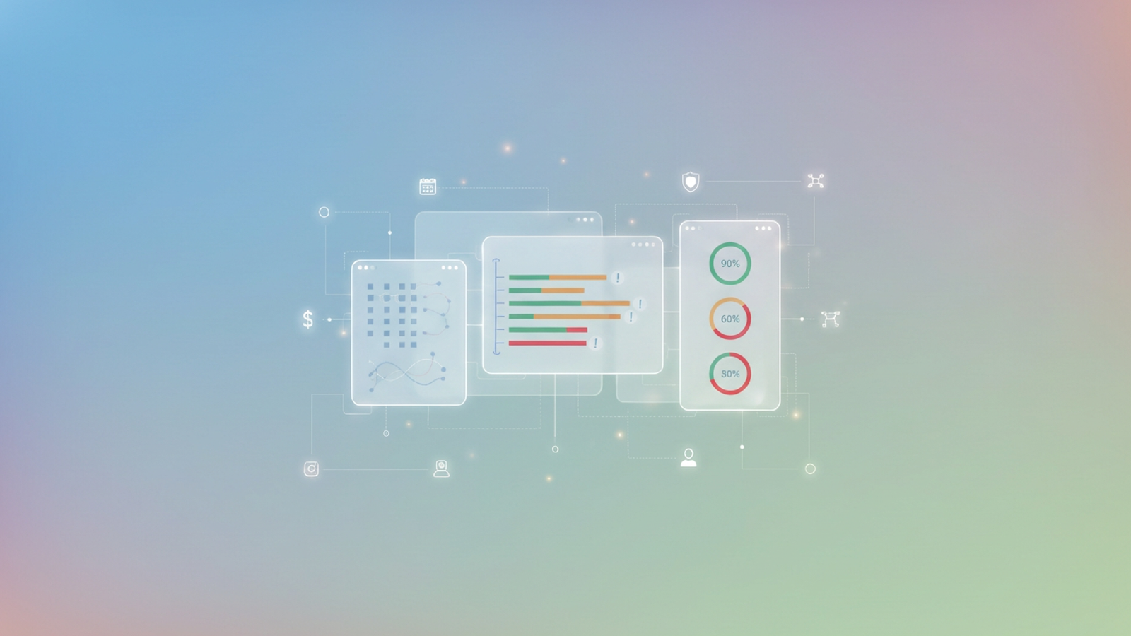 An abstract digital illustration features a network of interconnected geometric shapes with soft blue and green gradients, representing organized data flow and real-time insights for a program management office.