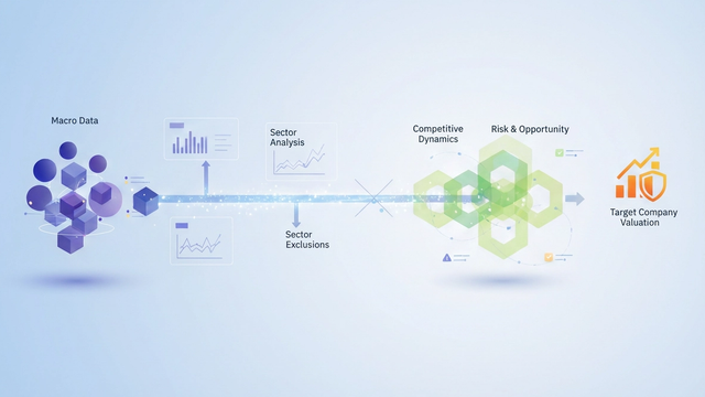 A minimalist abstract hero image depicts interconnected geometric shapes with soft gradients and subtle data pathways, symbolizing the integration and analysis of key economic growth indicators for equity valuation.