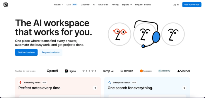 Notion homepage, another of the 10 best AI tools for education