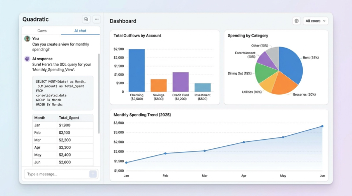 A financial dashboard with four distinct charts visualizing spending analysis. The charts show outflows by account, spending by category, and monthly financial trends.