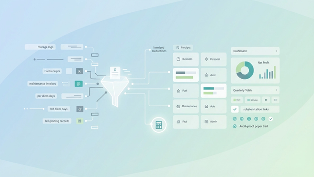 An abstract geometric composition with soft gradients and intersecting lines represents the organized flow of data for calculating truck driver itemized deductions and optimizing tax savings.