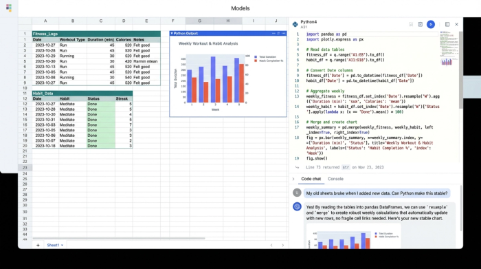 A spreadsheet interface showing data tables for fitness and habits next to a Python code editor. The code is pulling data from the tables to perform calculations, representing a stable data workflow.