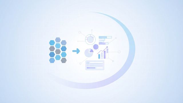 Softly glowing geometric forms, including interconnected data points and chart-like elements, float within an open, gradient-infused space, illustrating flexible data visualization and reporting for a portfolio analysis tool.