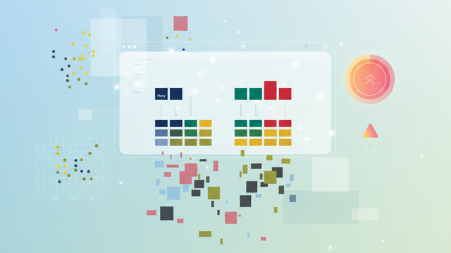 A modern abstract composition features geometric shapes in soft gradients, interweaving to represent structured data streams and precise fashion color analysis for retail product optimization.