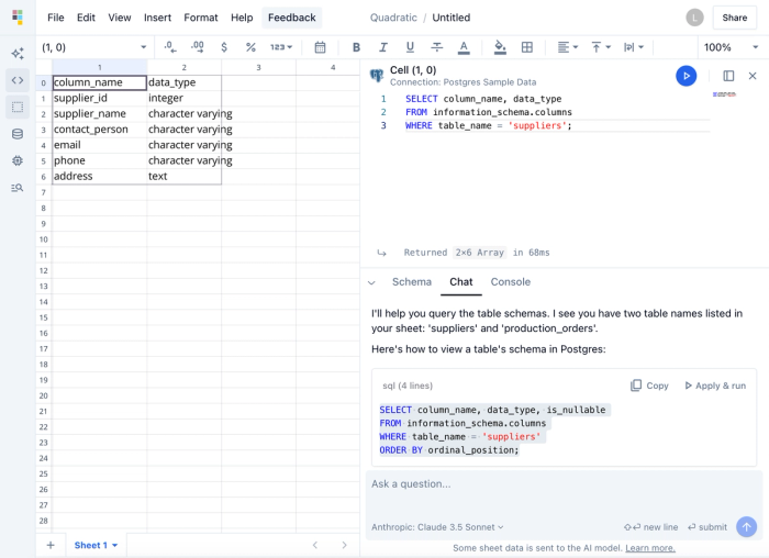 Screenshot of Quadratic with SQL on the right and an AI Assistant who helped write the query, along with data on the spreadsheet resulting from the query.