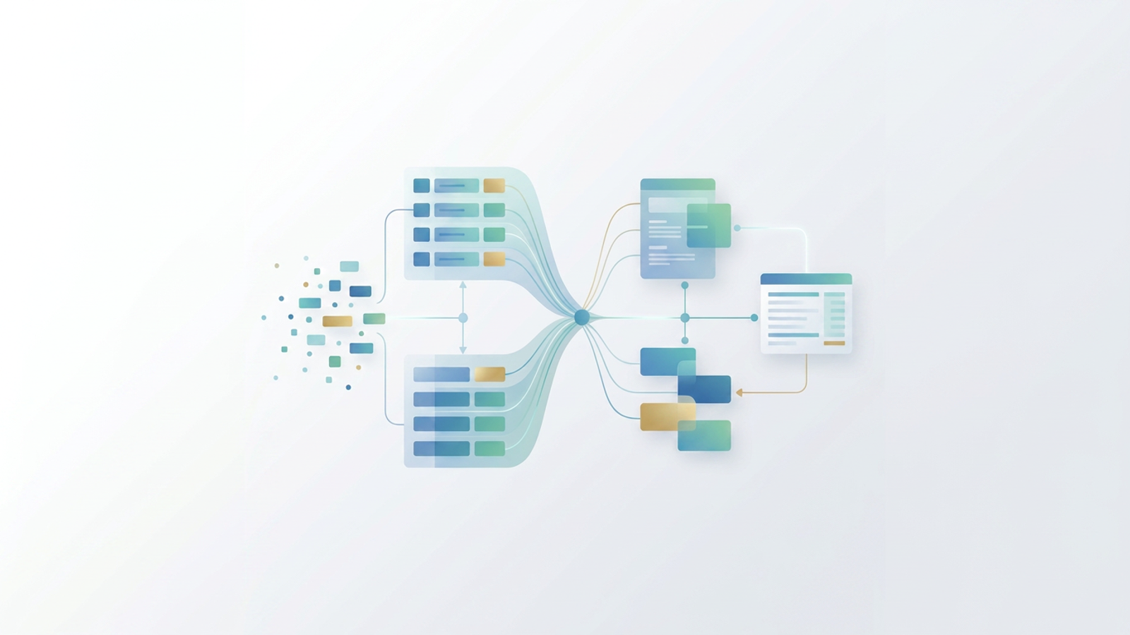 An abstract, minimal SaaS illustration representing the accounting cycle steps with a series of layered, translucent geometric blocks connected by glowing data paths on a clean, dark background.