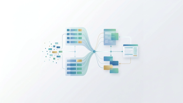 An abstract, minimal SaaS illustration representing the accounting cycle steps with a series of layered, translucent geometric blocks connected by glowing data paths on a clean, dark background.
