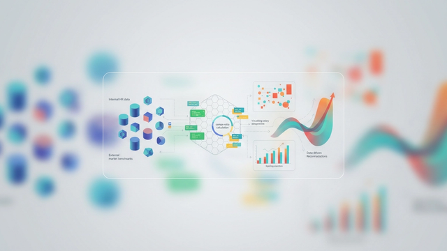 A modern abstract design with overlapping, translucent geometric forms and flowing data lines represents the analytical approach to a competitive compensation strategy.