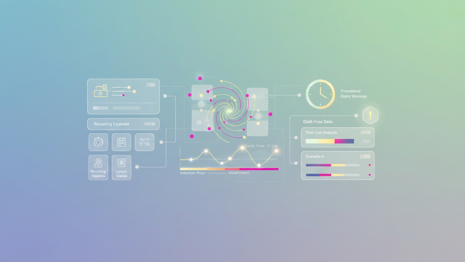 An abstract composition features interconnected geometric shapes and flowing lines, subtly illustrating an optimized debt snowball tracker for precise cash flow management within a modern, minimal design.