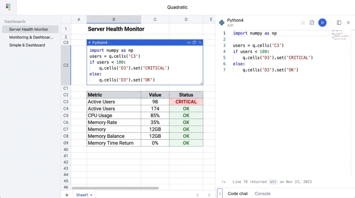 A spreadsheet interface combining a data table, a Python code cell defining an alert, and a data cell highlighted in red to show a triggered alert.