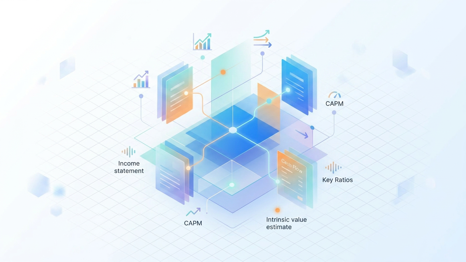 An abstract, modern design featuring layered translucent grid planes and interconnected glowing data nodes over a soft blue gradient background, forming the structured network of a financial ratio analysis spreadsheet.