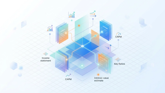 An abstract, modern design featuring layered translucent grid planes and interconnected glowing data nodes over a soft blue gradient background, forming the structured network of a financial ratio analysis spreadsheet.