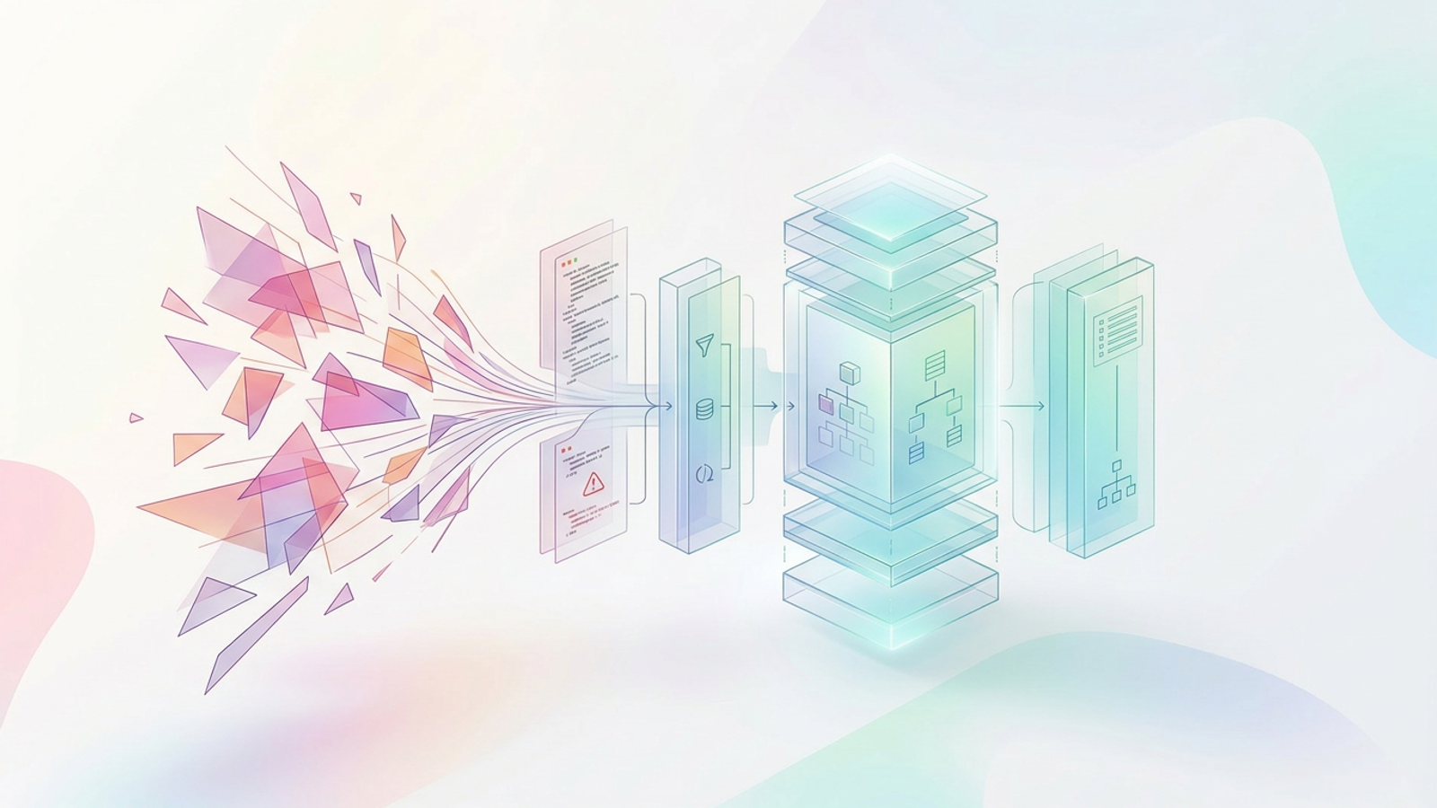 An abstract, modern SaaS graphic with a subtle grid background, featuring translucent rectangular panels in soft teal and blue gradients with thin connecting lines that trace a clean data flow for fence quoting software.