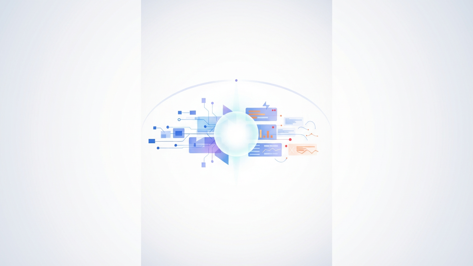 An abstract composition of soft gradient-filled geometric shapes and subtle data pathways converges towards a central, organized structure, representing an automated ai dashboard ga4 delivering intelligent insights.