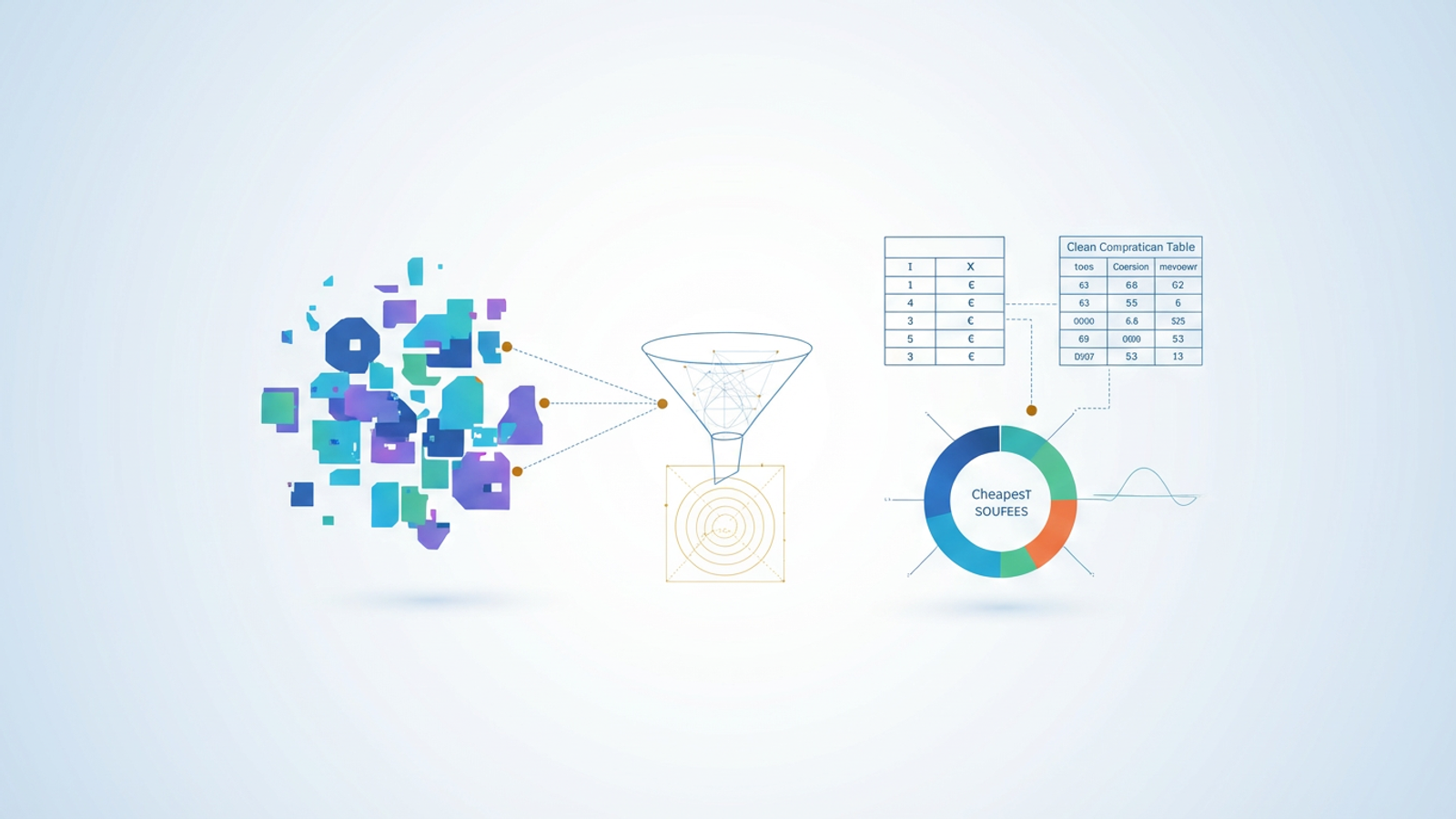 An abstract, minimal hero image featuring soft gradient geometric shapes, with some elements appearing scattered and others aligning into a structured grid, illustrating data transformation in retail product sourcing.