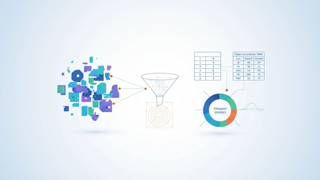 An abstract, minimal hero image featuring soft gradient geometric shapes, with some elements appearing scattered and others aligning into a structured grid, illustrating data transformation in retail product sourcing.