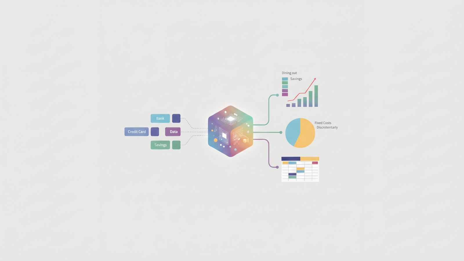 A modern abstract composition features interconnected geometric shapes in soft gradients, illustrating the systematic organization and analysis of financial data for category spend analysis.