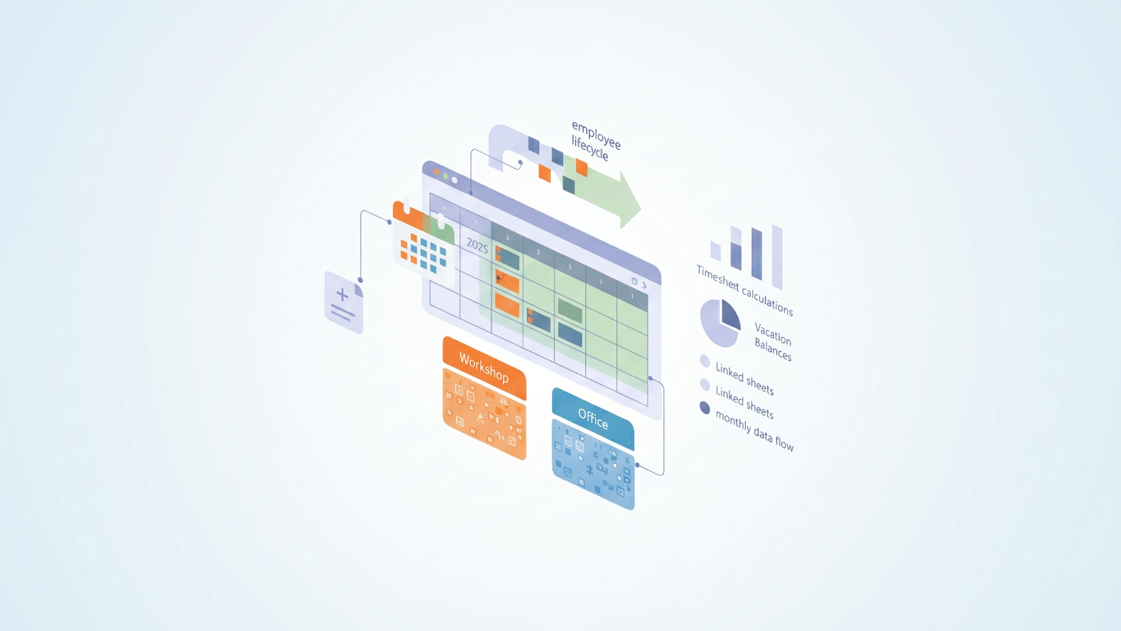 An abstract, modern design shows a layered grid of soft-gradient geometric forms, featuring subtle color variations and interconnected data pathways that represent a dynamic multi-departmental employee attendance management system.
