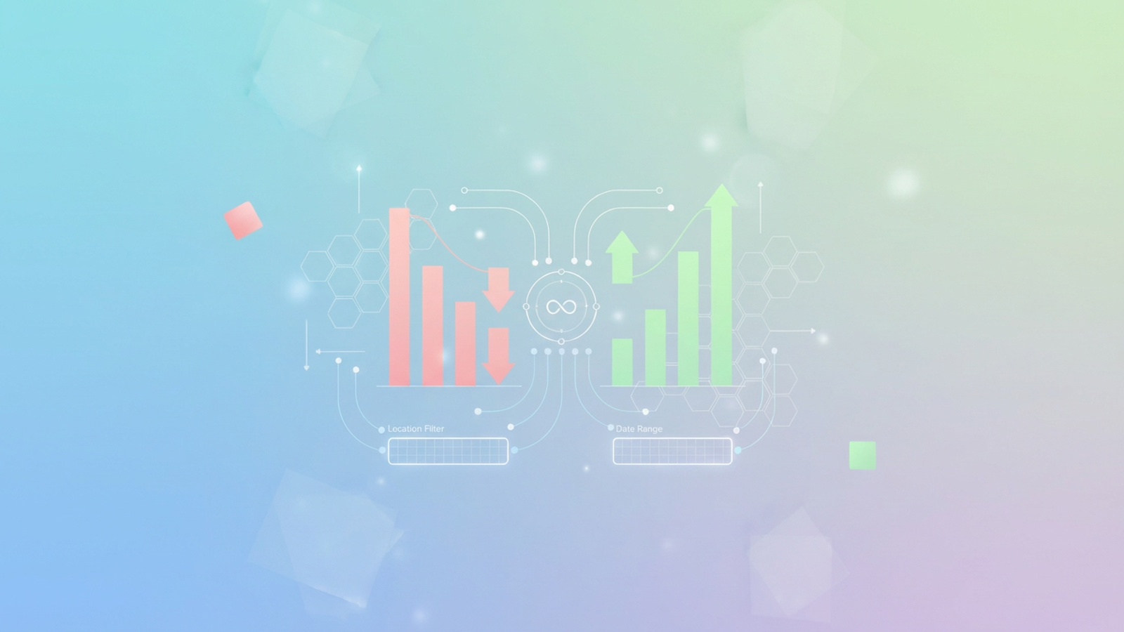 An abstract composition of soft-gradient geometric shapes and subtle data pathways shows information flowing between distinct segments, symbolizing the continuous analysis of churn rate vs retention rate.