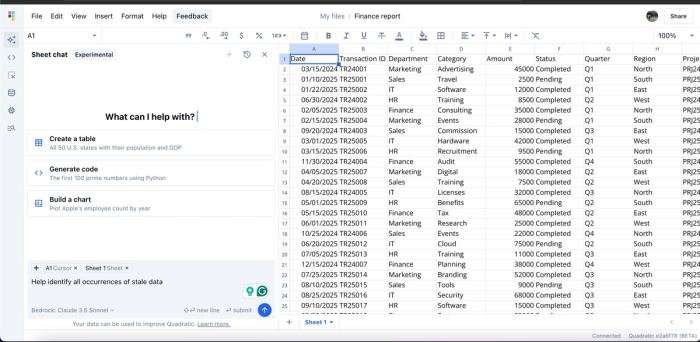 Text prompt in Quadratic to identify stale data.