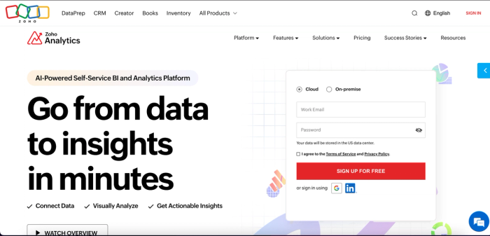 Zoho Analytics homepage.