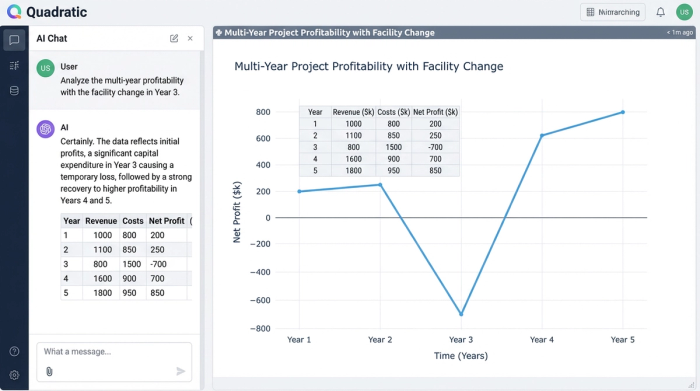 A line chart showing projected net profit over five years. The profit line dips significantly around the 18-month mark before rising to its highest point in years 3-5.
