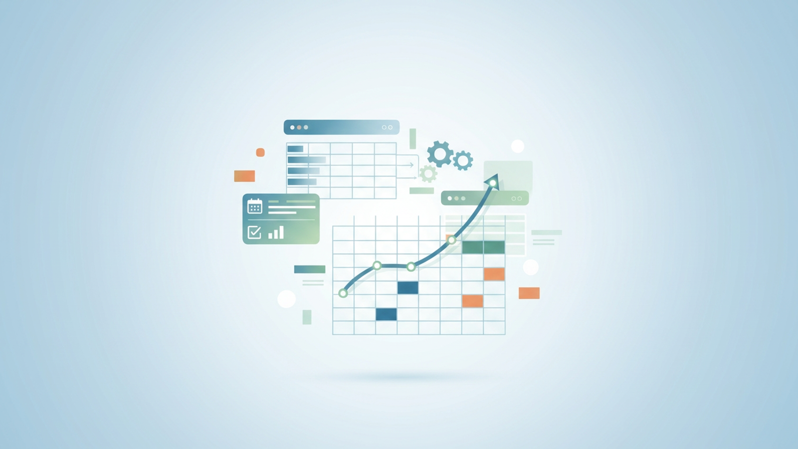 An abstract, minimal design features interconnected geometric forms in soft gradients, illustrating a streamlined multi-sheet final exam study plan with subtle data flow patterns against a clean background.