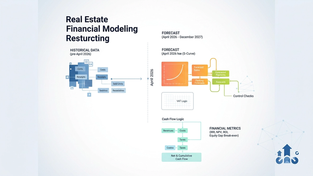 An abstract, minimal hero image features a soft gradient dividing two distinct, geometrically structured data blocks, symbolizing the clear separation of historical and forecast information essential for accurate real estate financial modeling.