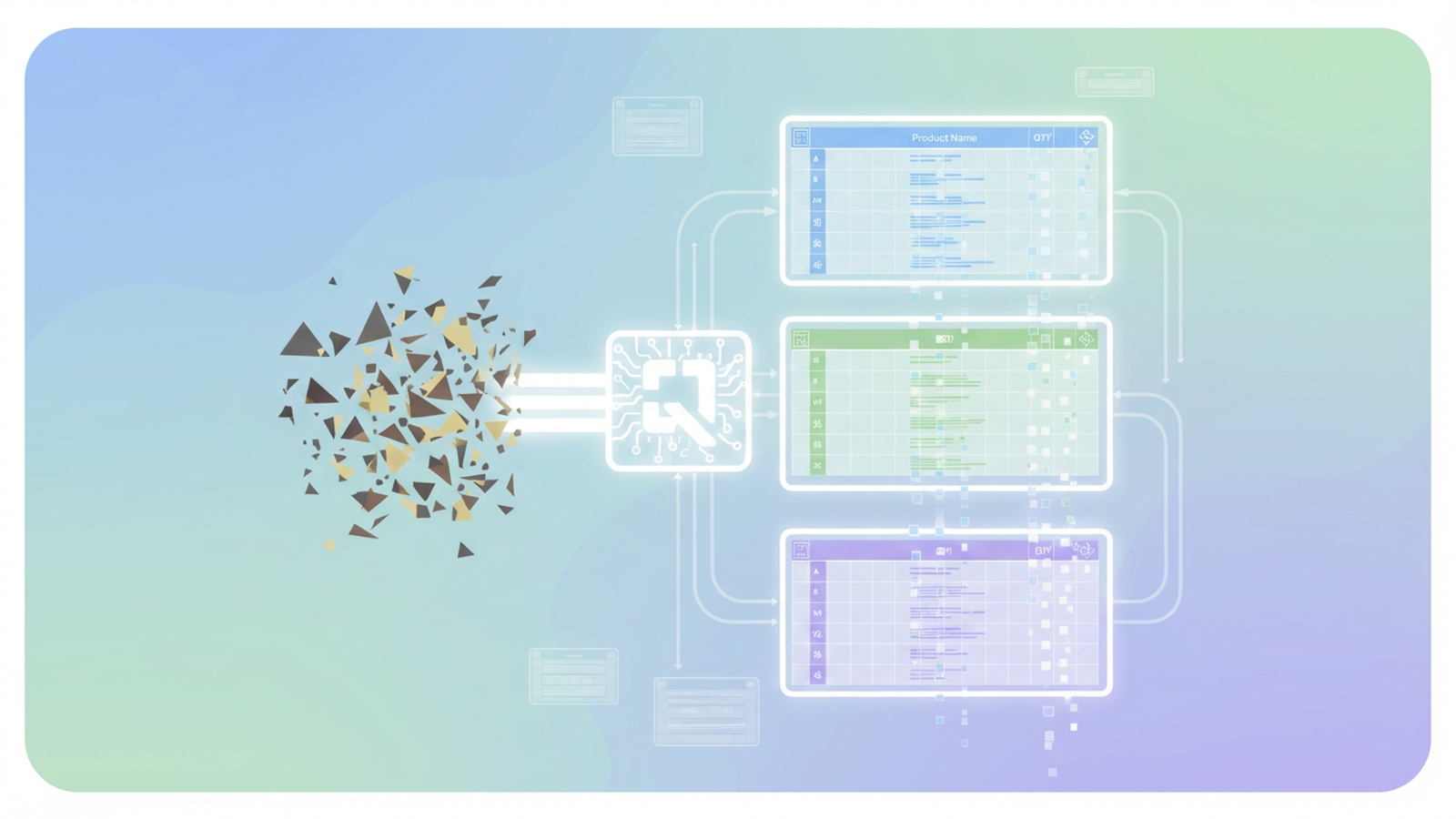 A modern abstract composition features soft gradients and ample negative space, where scattered geometric forms subtly transform into a cohesive, segmented structure, symbolizing efficient farm inventory management software.