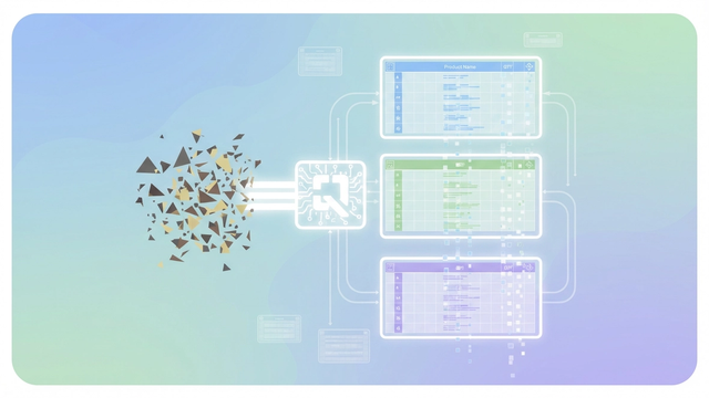 A modern abstract composition features soft gradients and ample negative space, where scattered geometric forms subtly transform into a cohesive, segmented structure, symbolizing efficient farm inventory management software.