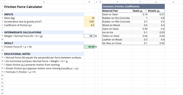 Screenshot for the file “Friction Force Calculator with Coefficients & Notes”