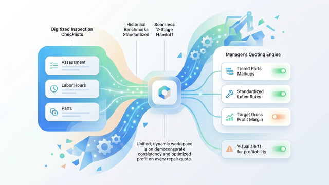 A minimalist, modern SaaS-style graphic featuring soft blue and green gradients, abstract geometric shapes resembling structured data blocks, and subtle connecting lines that evoke a streamlined digital workflow for mechanical equipment repair.