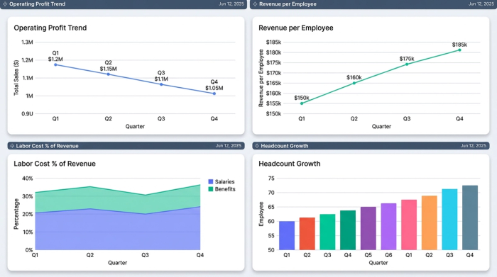 A clean dashboard with four charts. The charts show trends for Operating Profit, Revenue per Employee, Labor Cost, and Headcount, summarizing a quarterly business review.