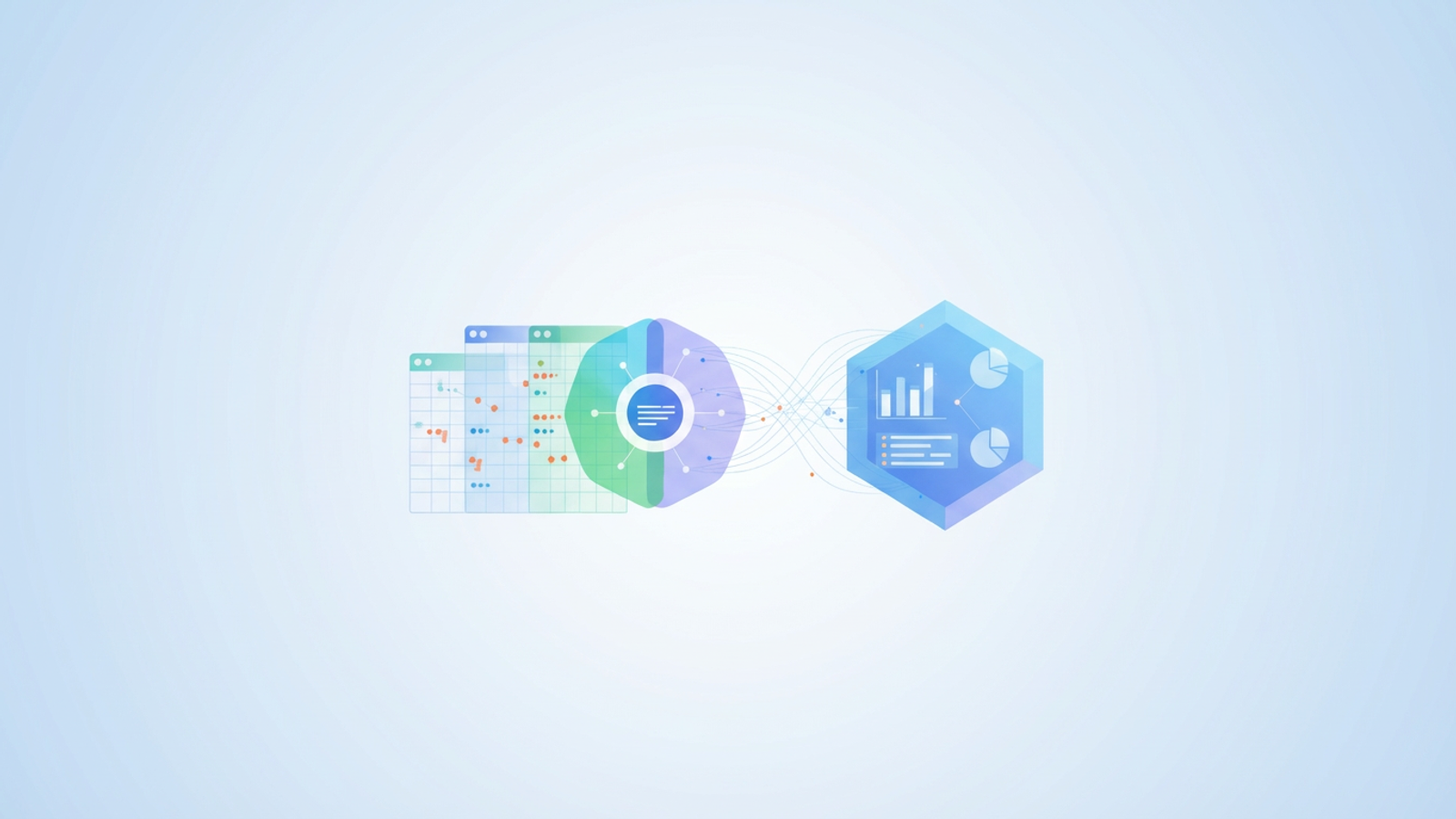 A minimalist abstract design features soft-gradient geometric shapes flowing and merging into a central, structured system, indicating a modern patient tracker.