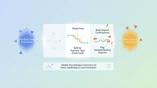 An abstract composition with soft-gradient geometric shapes illustrates data streams converging and branching to reconcile financial discrepancies within a dynamic deposit log.