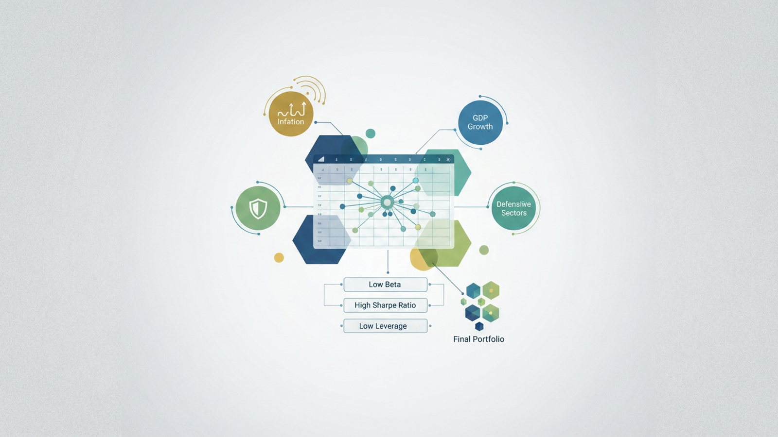 An abstract composition features interconnected geometric forms with soft gradients, subtly illustrating the structured data analysis and filtering process central to a late-cycle us economy investment strategy.