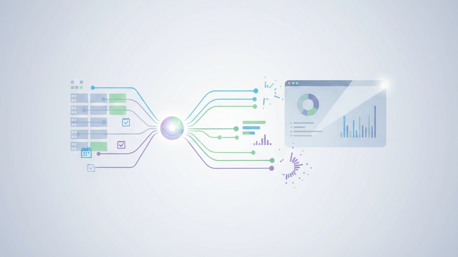 An abstract composition features various geometric shapes in soft gradients, subtly interconnected by thin lines, representing structured data flow and aggregation within a streamlined pto tracker system.