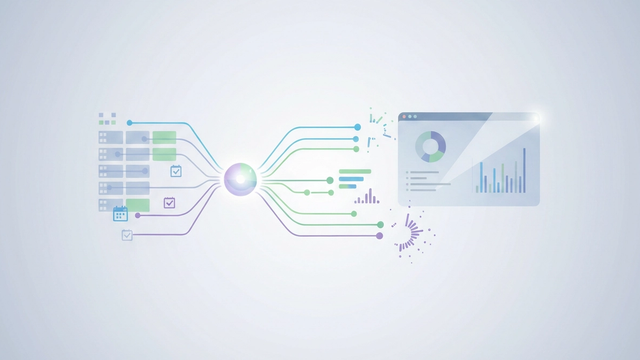 An abstract composition features various geometric shapes in soft gradients, subtly interconnected by thin lines, representing structured data flow and aggregation within a streamlined pto tracker system.